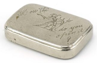 Vintage white metal squeeze vesta engraved How the devil do you open it, 5.2cm wide, 28.4g : For