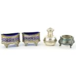 Pair of Edwardian silver salts with blue glass liners, silver caster and a white metal salt with