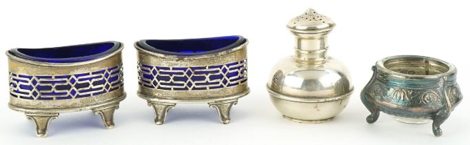 Pair of Edwardian silver salts with blue glass liners, silver caster and a white metal salt with