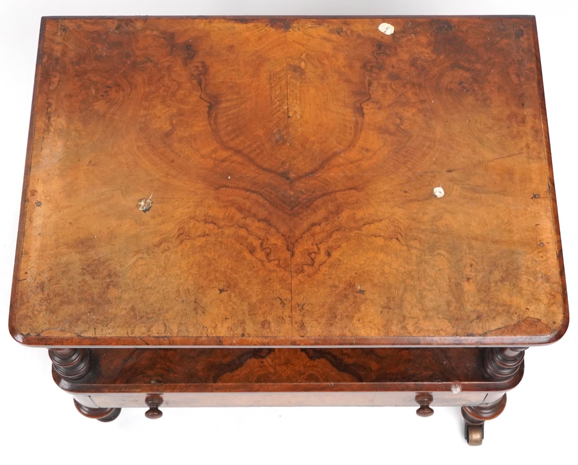 Victorian burr walnut two tier stand with frieze drawer and turned supports, 50cm H x 59cm W x - Image 3 of 4