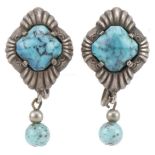 Pair of German unmarked silver turquoise drop earrings with screw backs, 3cm high, 4.8g : For