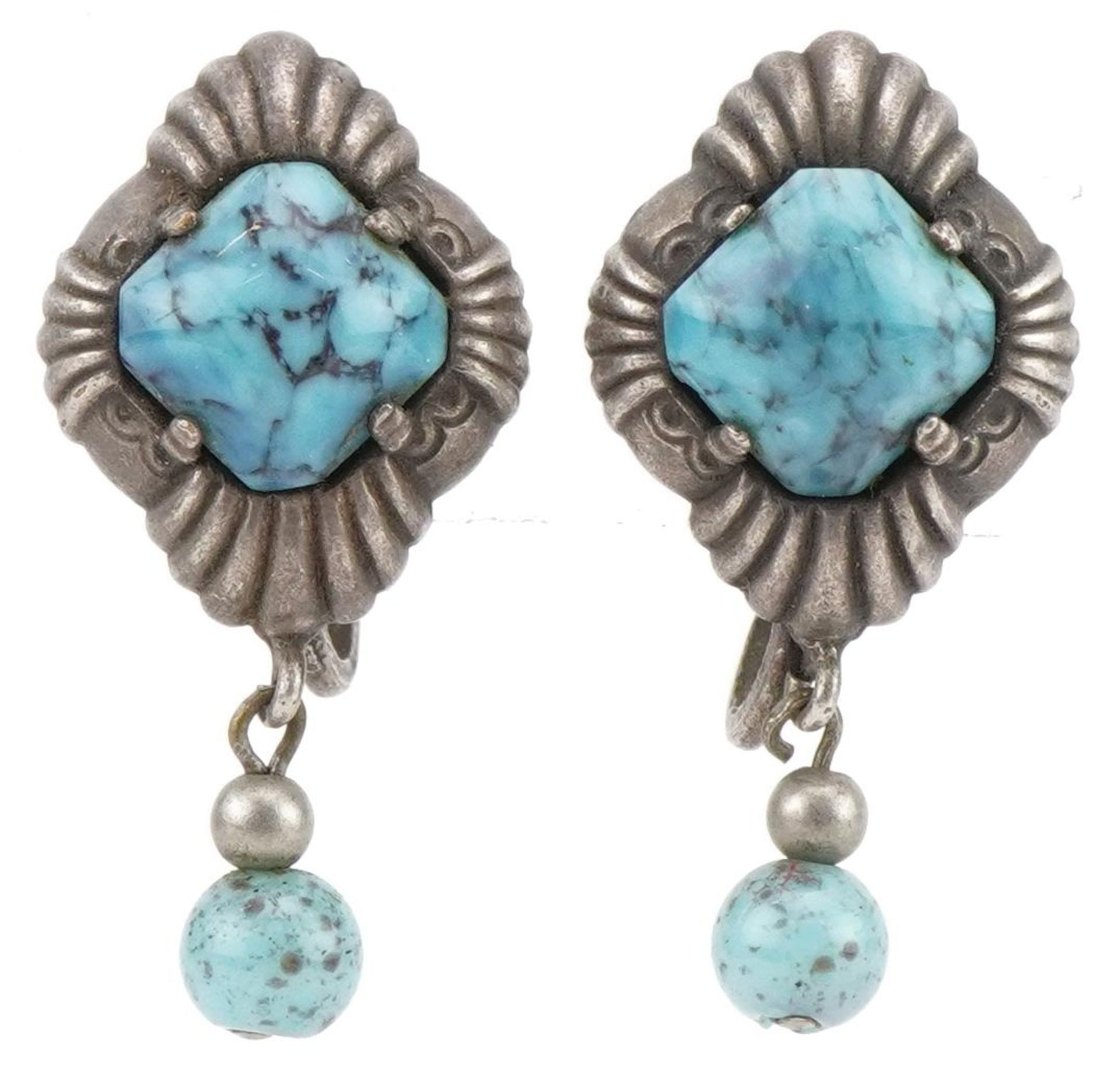 Pair of German unmarked silver turquoise drop earrings with screw backs, 3cm high, 4.8g : For