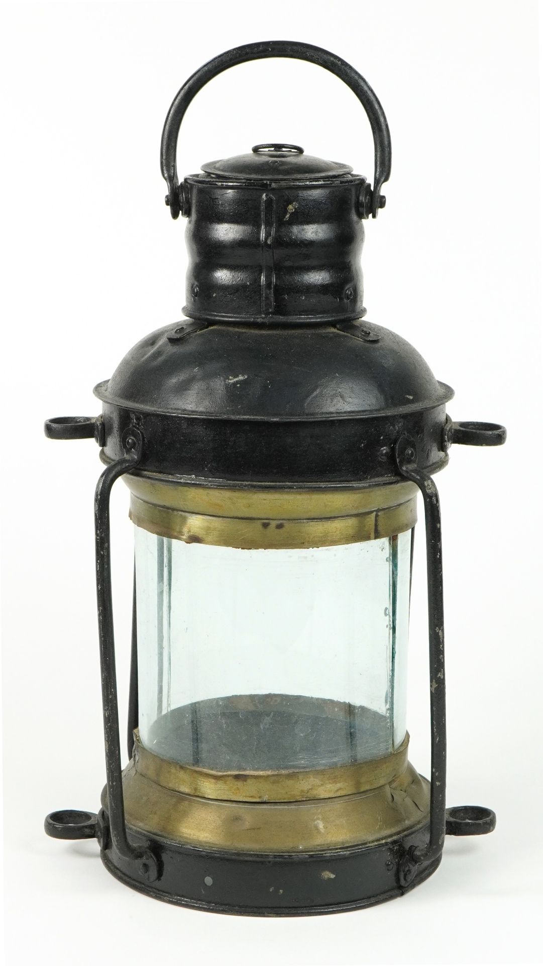 Antique shipping interest ship's hanging lantern with glass panel, 42cm high excluding the