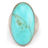 Large silver turquoise ring, 3cm in length, size R, 10.6g : For further information on this lot