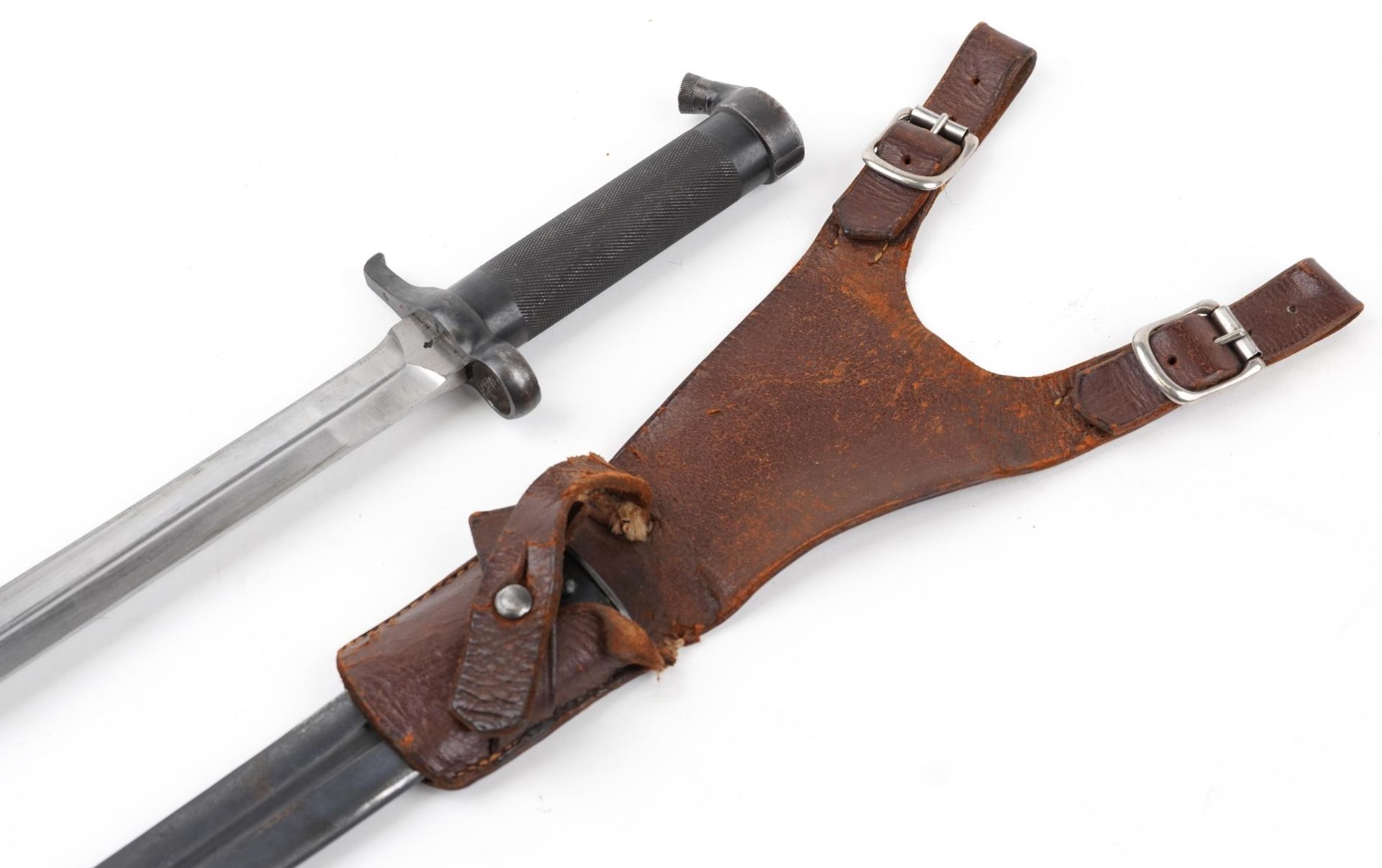 Swedish military interest M1896 Mauser bayonet with leather frog, 35cm in length : For further