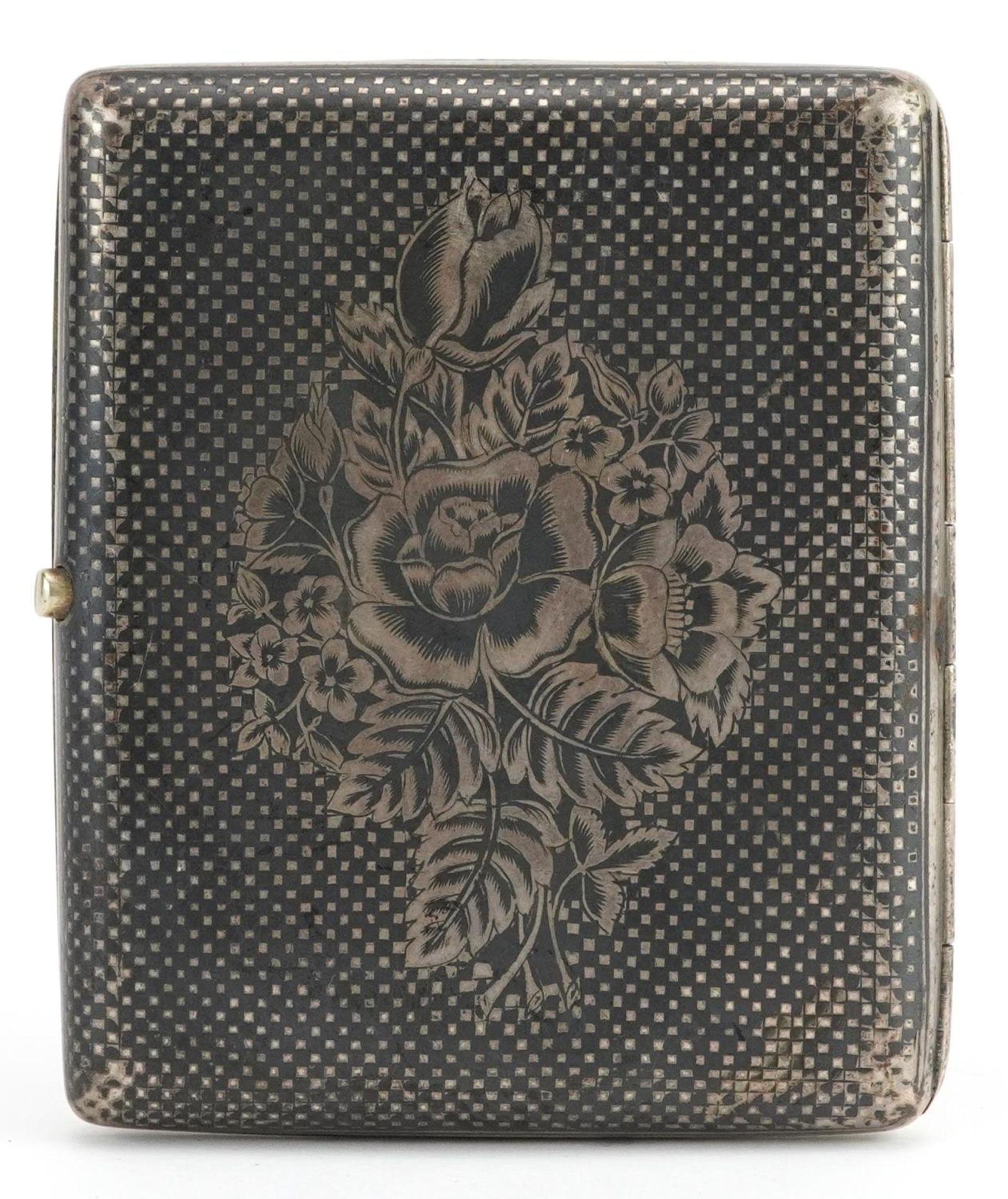 Persian silver niello work cigarette case decorated with flowers having a gilt interior, 8.5cm wide, - Bild 5 aus 5