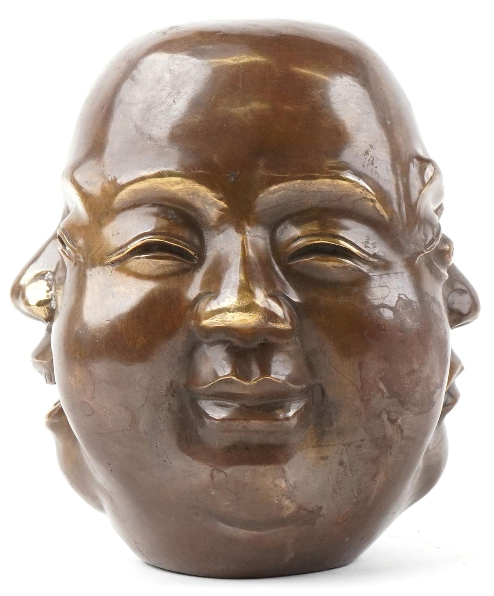 Large Chinese patinated bronze Buddha head, character marks to the base, 19cm high : For further - Image 4 of 7