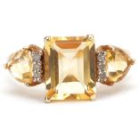 10ct gold citrine and diamond ring, size O, 1.6g : For further information on this lot please