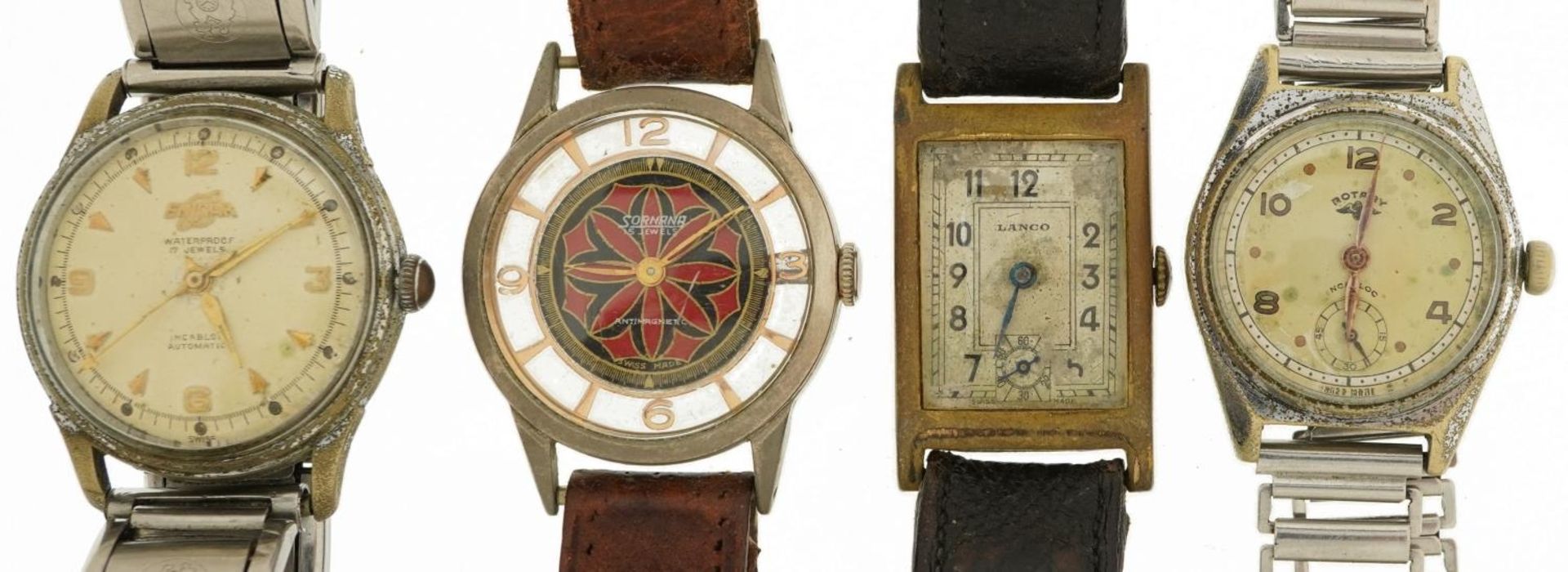 Four vintage gentlemen's wristwatches comprising automatic Enicar, manual Rotary, manual Sorana