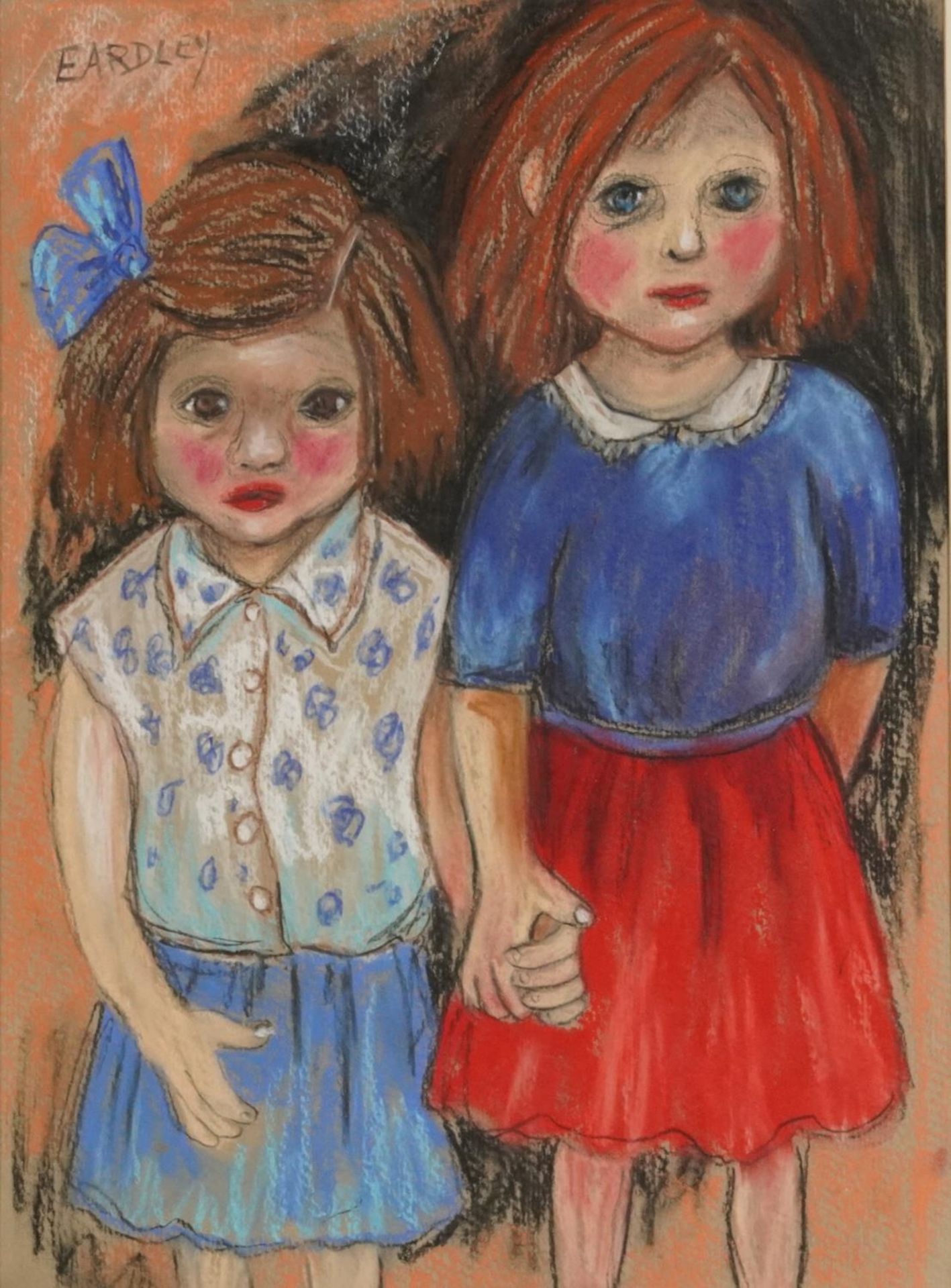 Circle of Joan Eardley - Sunday Best, pastel, mounted, framed and glazed, 44.5cm x 32.5cm