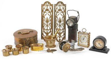 Sundry items including antique pestle & mortar and pair of 19th century style brass door plates :
