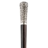 Exotic wood walking stick with unmarked silver pommel embossed with flowers, 92cm in length : For