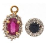 Two gold pendants comprising 18ct white gold diamond and sapphire and an unmarked gold ruby and