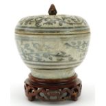 Asian porcelain Sawankhalok box and cover on hardwood stand hand painted with flowers, overall