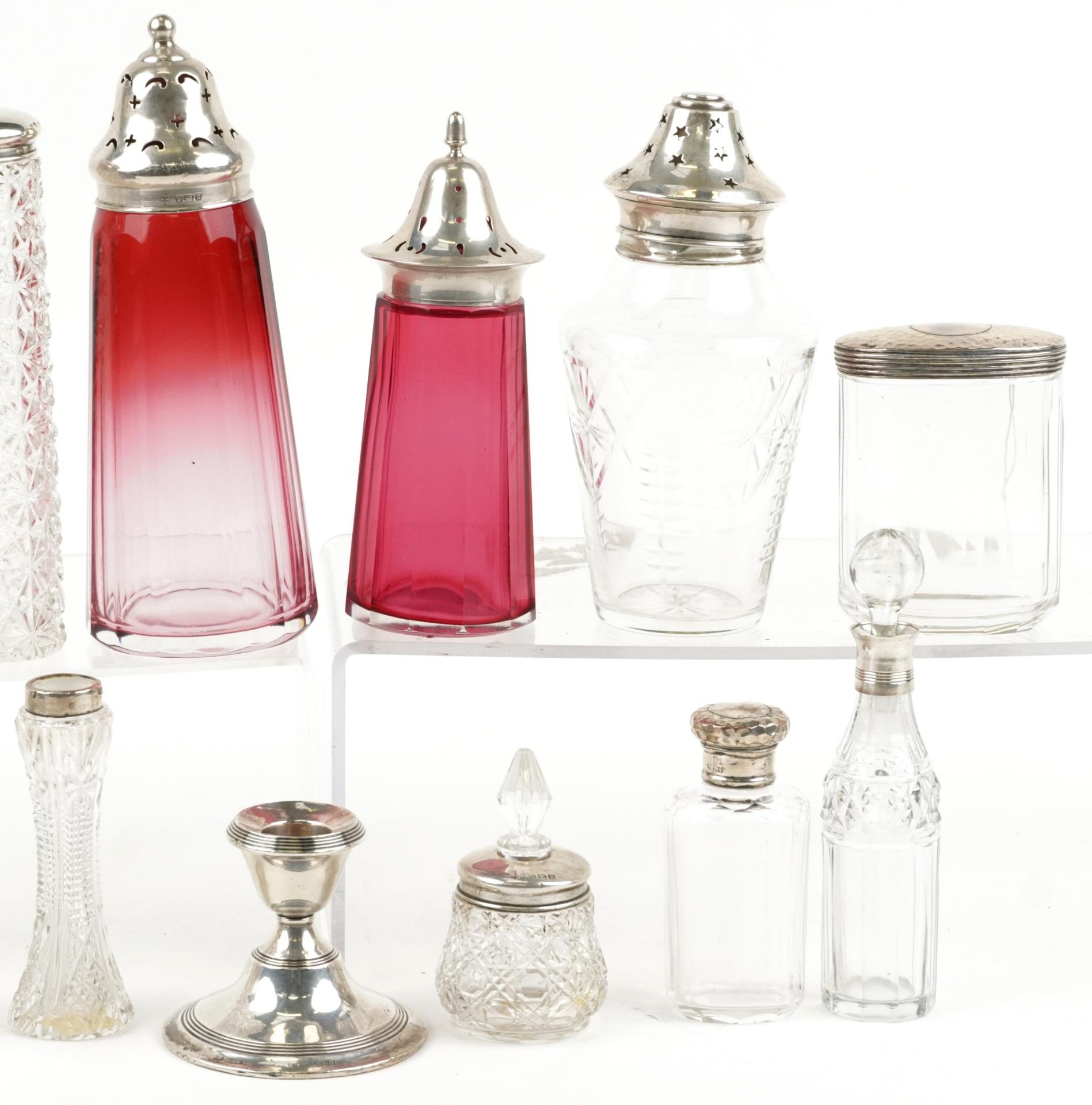 Victorian and later silver mounted glassware including cranberry glass casters, scent bottles and - Bild 3 aus 4