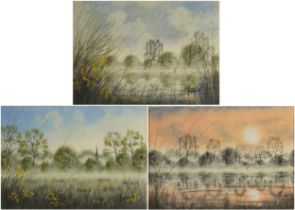 G E Fanshawe - Surreal Landscapes, three mixed medias, mounted and framed, each 34 x 24.5cm : For
