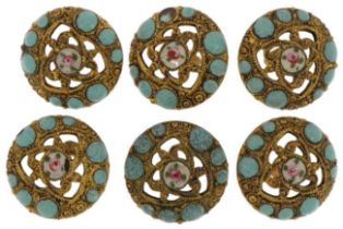 Set of six good quality 19th century gilt brass and enamel pierced buttons hand painted with