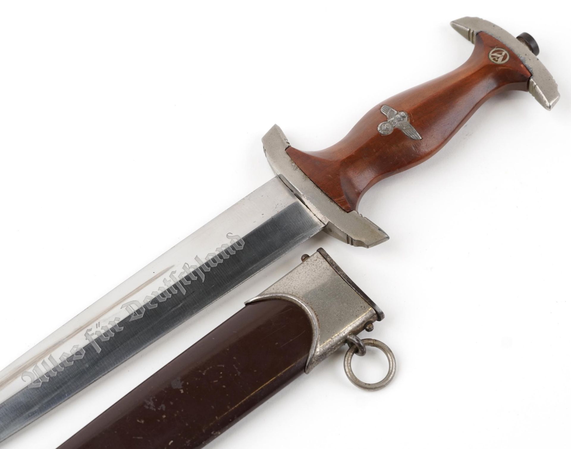 German military interest SA dagger with scabbard and steel blade engraved RZM M7/67/38, 37cm in