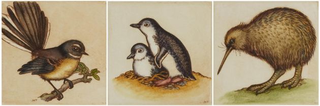 Mary E Taylor 2007 - Kiwi I, Blue Penguins and Fantail, three pencil signed etchings in colour,