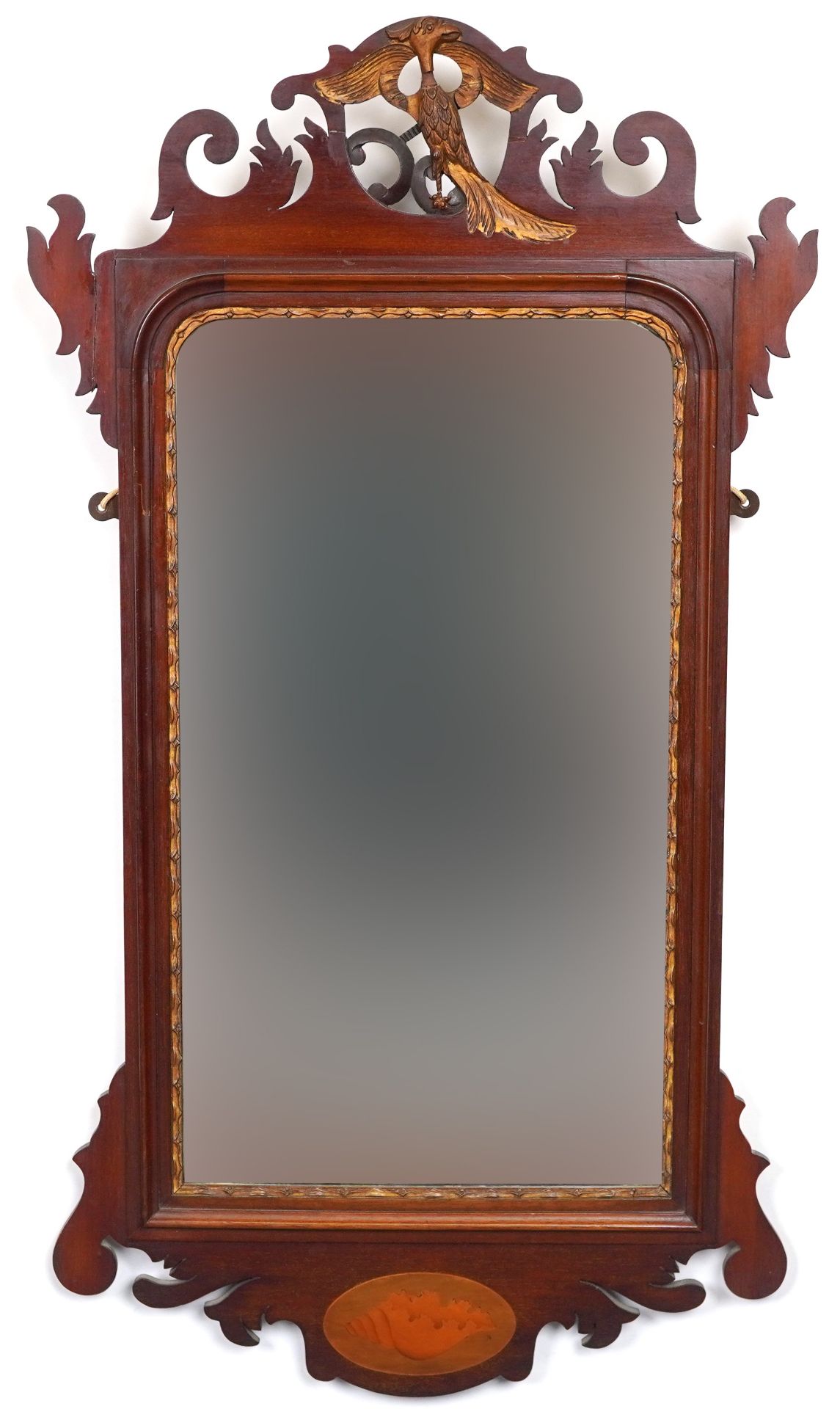 Pair of George III style mahogany pier mirrors with shell inlay and bird carvings, 91.5cm x 51cm : - Image 6 of 8