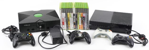 Xbox One and Xbox games consoles with four controllers and a collection of games : For further