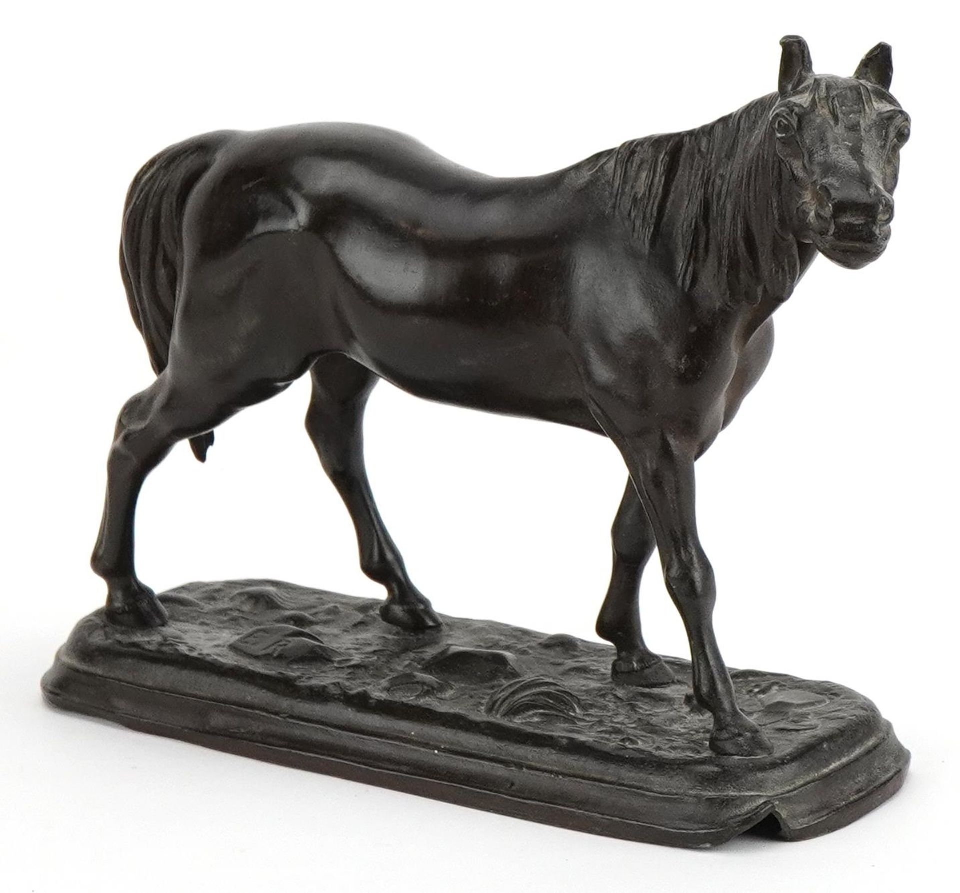 Patinated spelter horse impressed ER, 19cm in length : For further information on this lot please