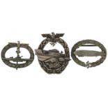 Three German military interest badges including U-Boat : For further information on this lot