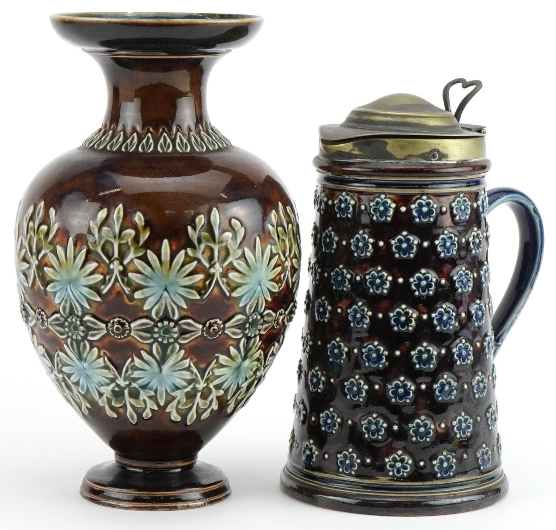 Doulton Lambeth, Art Nouveau Royal Doulton stoneware vase and jug with silver plated mounts, the