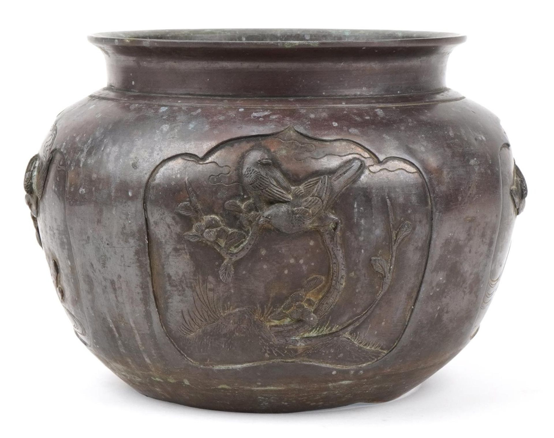 Japanese patinated bronze jardiniere decorated in relief with birds of paradise, 27cm in - Image 3 of 6