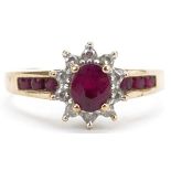 9ct gold ruby and diamond cluster ring with ruby set shoulders, size M/N, 2.6g : For further