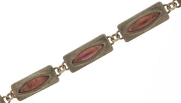 Jorgen Jensen, mid century Danish pewter and pink glass bracelet numbered 230A, 20cm in length, 24.