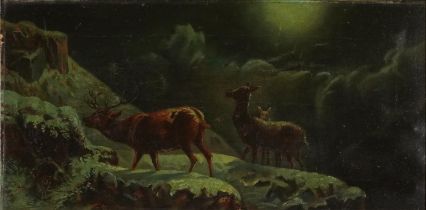 M Moore - Stag and two birds by moonlight, signed oil on canvas, James Magill label verso, mounted