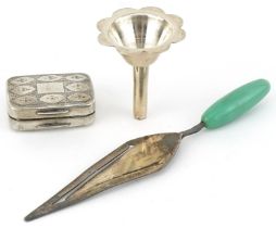 Silver objects including a George III silver pillbox with gilt interior and a bookmark in the form