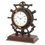 19th century patinated bronze and red marble mantle clock in the form of a ship's wheel with