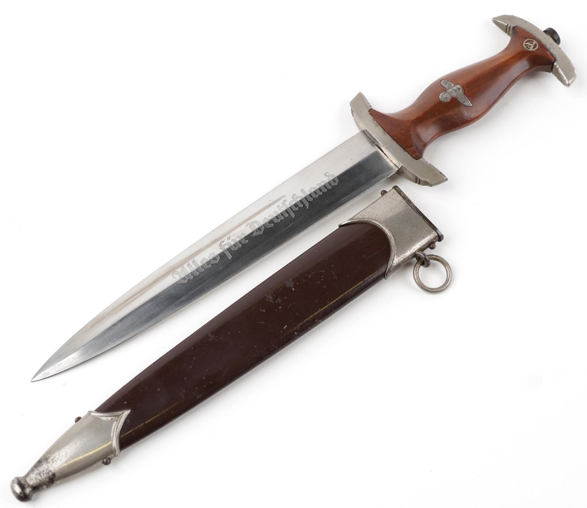 German military interest SA dagger with scabbard and steel blade engraved RZM M7/67/38, 37cm in - Image 2 of 4