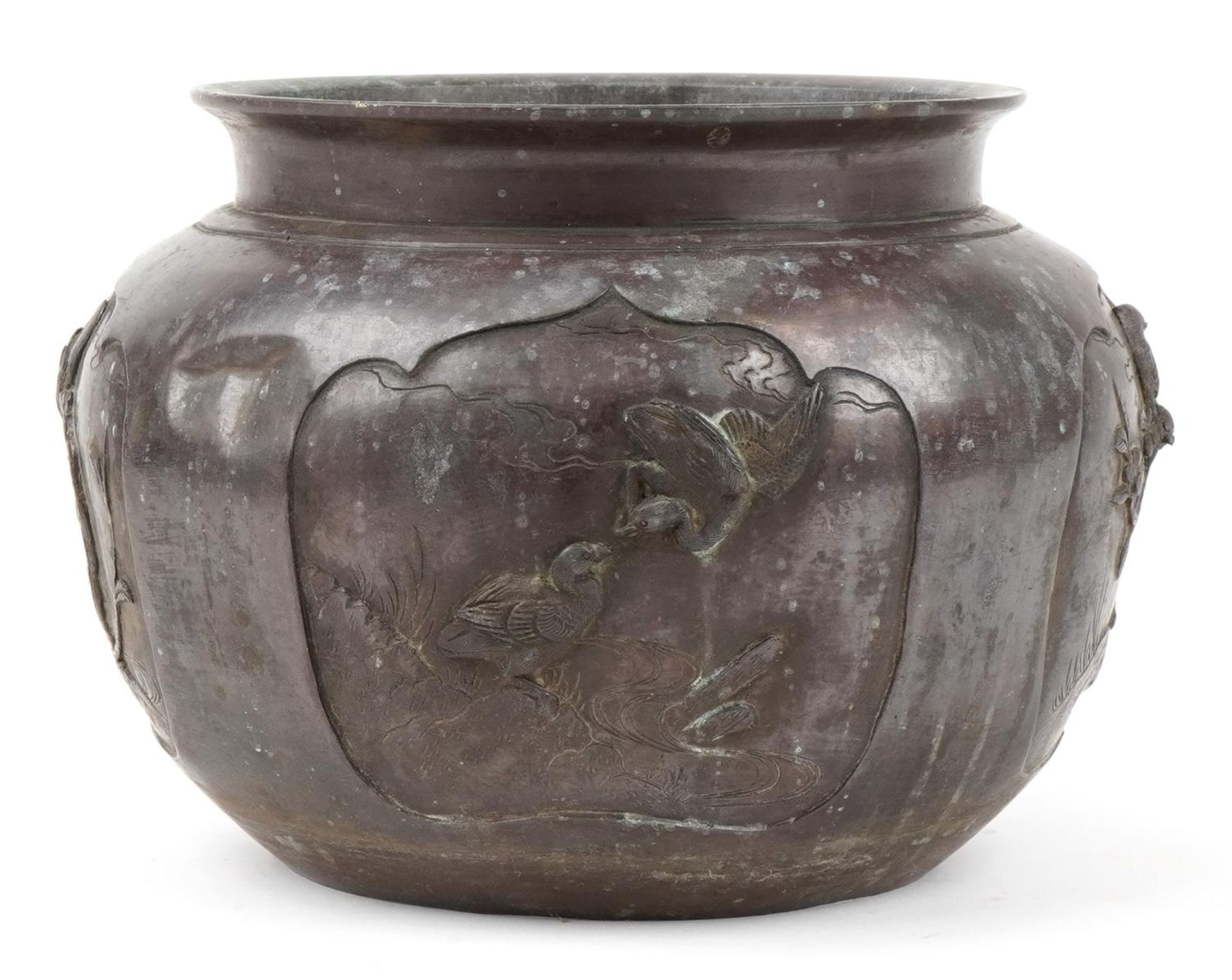 Japanese patinated bronze jardiniere decorated in relief with birds of paradise, 27cm in - Image 2 of 6