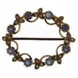 Edwardian 9ct gold sapphire and seed pearl floral brooch, 3.2cm wide, 4.3g : For further information
