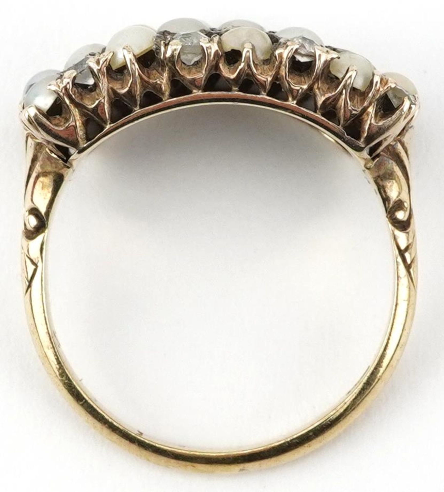 Antique 18ct gold diamond and seed pearl four row cluster ring, size P, 4.9g : For further - Bild 3 aus 5