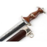 German military interest SA dagger with scabbard and steel blade engraved RZM M7/33, 37cm in