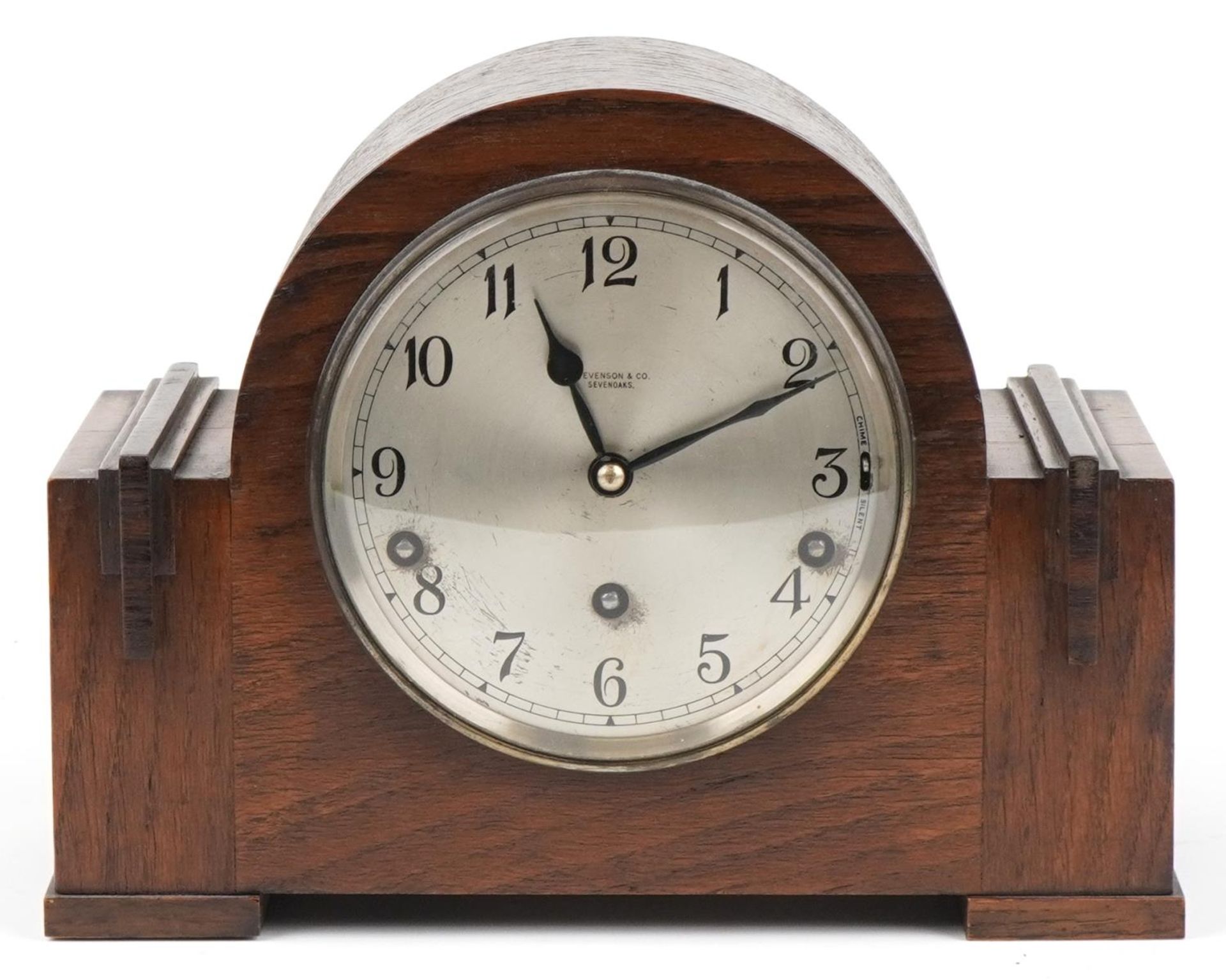 Oak cased Westminster chiming mantle clock with silvered dial inscribed Stevenson & Co Sevenoaks : - Image 2 of 5