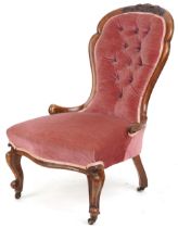 Victorian mahogany bedroom chair on cabriole legs with salmon button back upholstery, 91cm high :