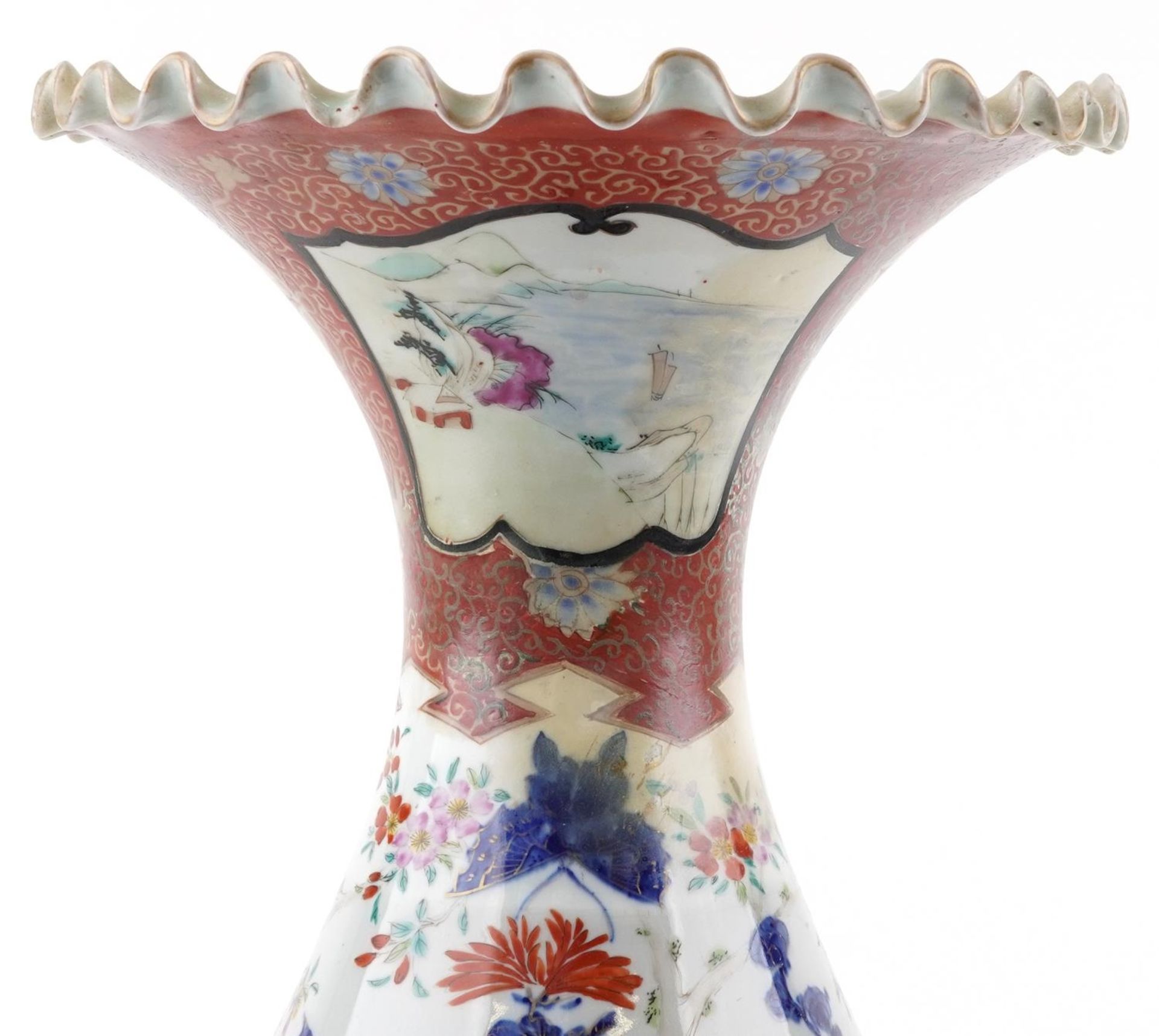 Japanese Arita porcelain vase with frilled rim hand painted with flowers, 55cm high : For further - Image 2 of 10