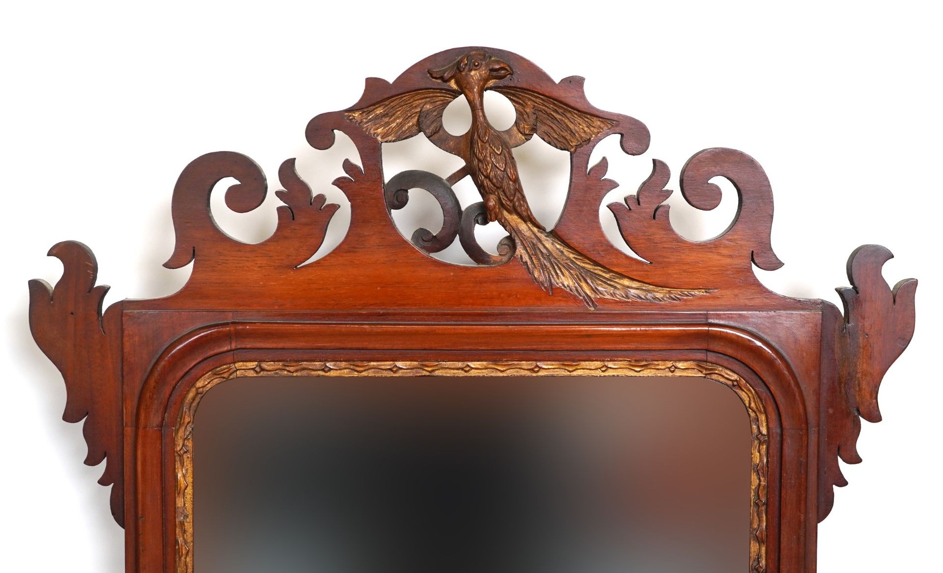 Pair of George III style mahogany pier mirrors with shell inlay and bird carvings, 91.5cm x 51cm : - Image 4 of 8
