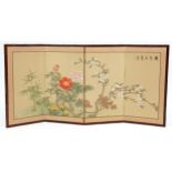 Chinese four fold screen hand painted with flowers, with calligraphy and red seal marks, housed in a