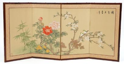 Chinese four fold screen hand painted with flowers, with calligraphy and red seal marks, housed in a