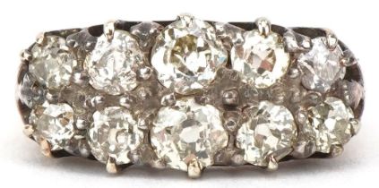 Antique unmarked gold diamond two row cluster ring, tests as 18ct gold, the largest diamonds