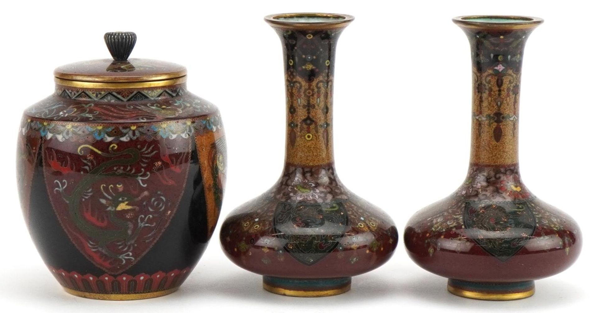 Japanese cloisonne comprising a pair of vases and a jar and cover enamelled with phoenixes and - Image 4 of 6