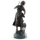 After Louis & Francois Moreau, large patinated bronze statuette of a shepherdess with sheep,