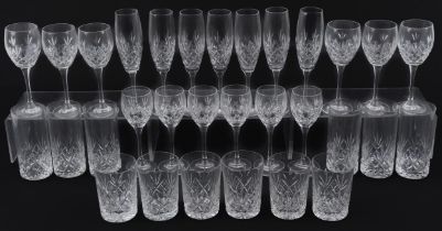 Five sets of six cut glasses including tumblers, wine glasses and Champagne flutes, the largest each