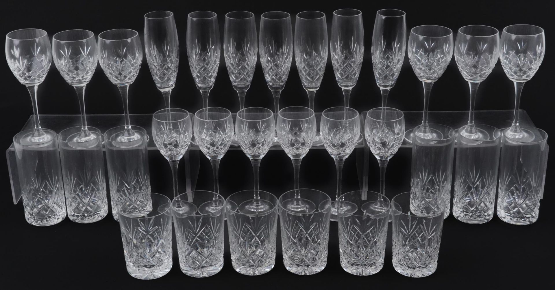 Five sets of six cut glasses including tumblers, wine glasses and Champagne flutes, the largest each